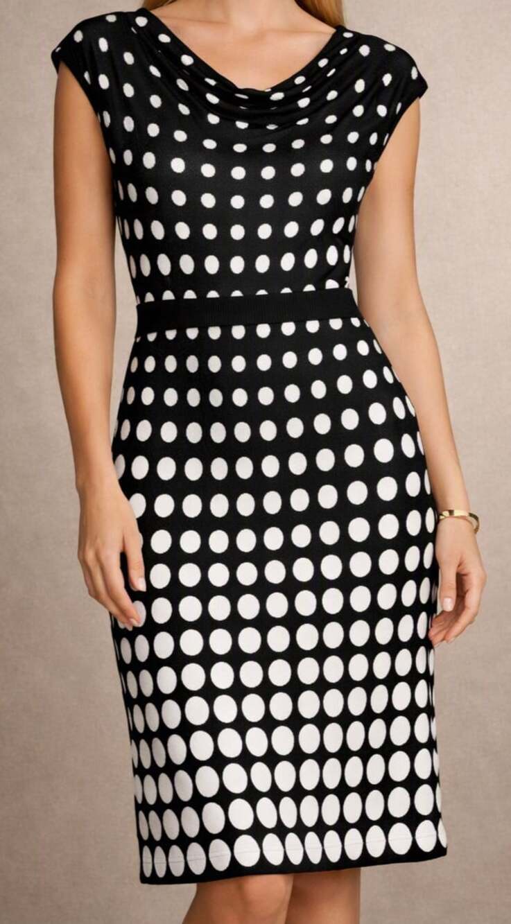 St John Black White Polka Dot Scoop Neck Sheath Dress Women’s Size 6 Luxe